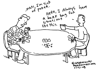 Funny poker cartoon by Gabriel Utasi about getting sick of poker