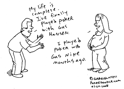 Funny poker cartoon by Gabriel Utasi about playing with pro Gus Hansen