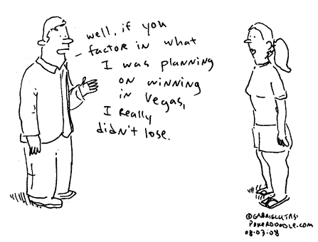 Funny poker cartoon by Gabriel Utasi about telling your wife what you won in Vegas