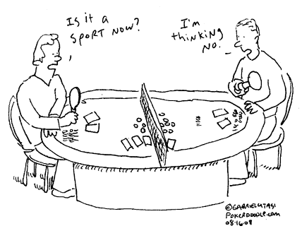 Funny poker cartoon by Gabriel Utasi comparing poker to the olympic sport of table tennis