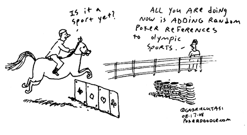 Funny poker cartoon comparing poker to horse jumping at the 2008 Beijing Summer Games
