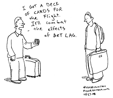 Funny poker cartoon by Gabriel Utasi about jet lag