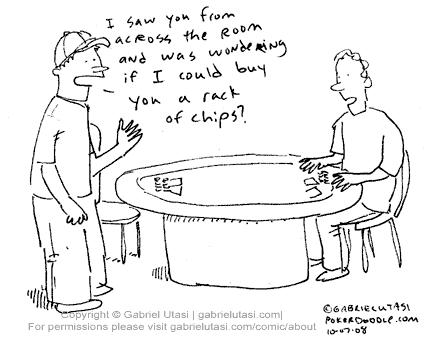 Funny poker cartoon by Gabriel Utasi about a man buying another man a rack of chips