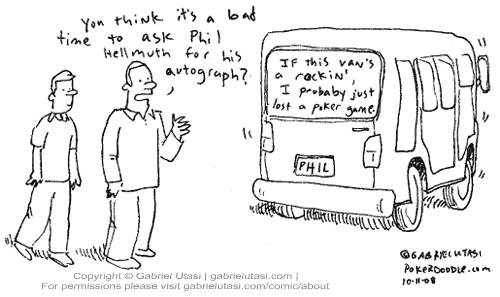 Funny poker cartoon by Gabriel Utasi about Phil Hellmuth rocking in a van