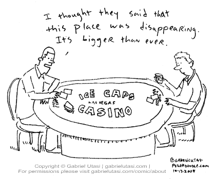 Funny poker cartoon by Gabriel Utasi about playing poker at the Polar Ice Caps Casino