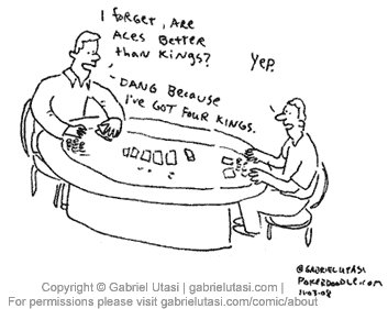 Funny poker cartoon by Gabriel Utasi about four kings beating aces