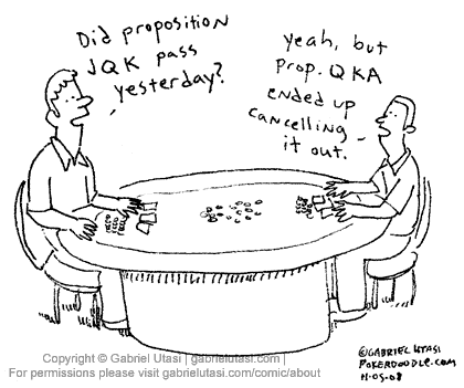 Funny poker cartoon by award winning artist Gabriel Utasi about voting on propositions and three card poker