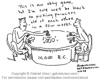 Funny poker cartoon by award winning artist Gabriel Utasi about monkeys playing poker