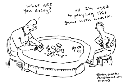 Funny poker cartoon by award winning artist Gabriel Utasi about strip poker