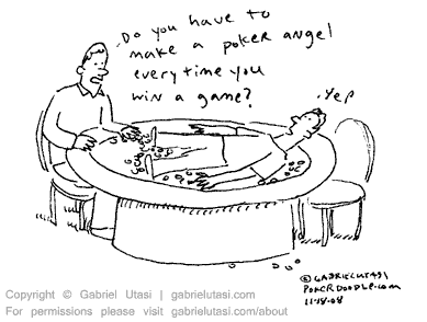 Funny poker cartoon by award winning artist Gabriel Utasi about making a snow angel in poker chips