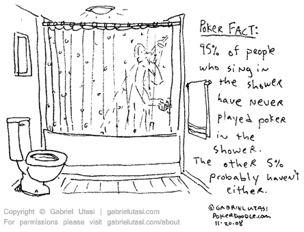 Funny poker cartoon by award winning artist Gabriel Utasi about playing poker in the shower