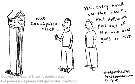 Funny poker cartoon by award winning artist Gabriel Utasi about a grandfather clock
