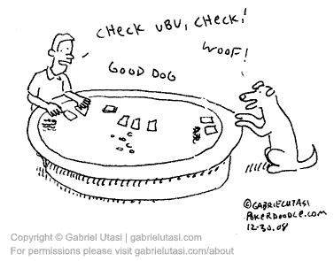 Funny poker cartoon by award winning artist Gabriel Utasi about Ubu playing poker